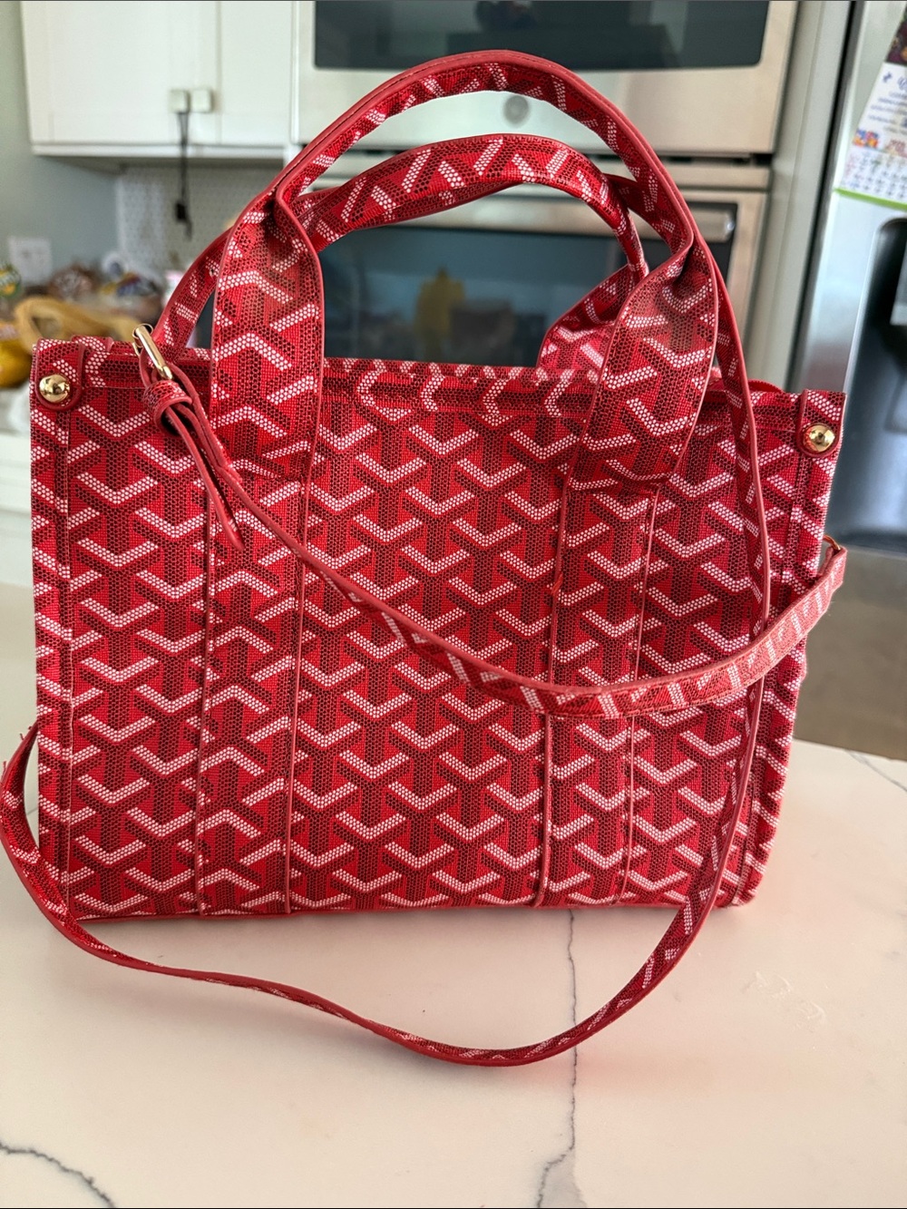 Red Patterned Canvas Tote with Top Handles and Shoulder Strap